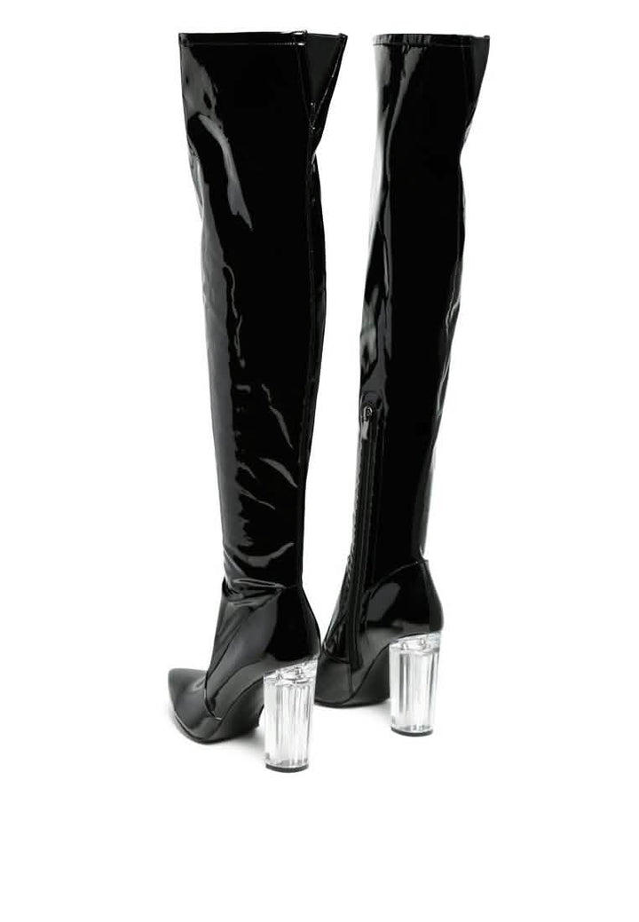 Gorgeous Patent PU Over-the-Knee Boots with Transparent Block Heels Ruby Smudge