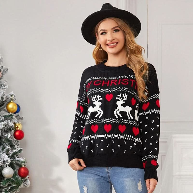 Adorable Christmas Elk Heart Design Pullover Sweater for Women