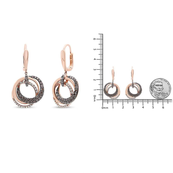 14K Rose Gold Diamond Hoop Drop Earrings with White and Brown Accents Lime Shadow