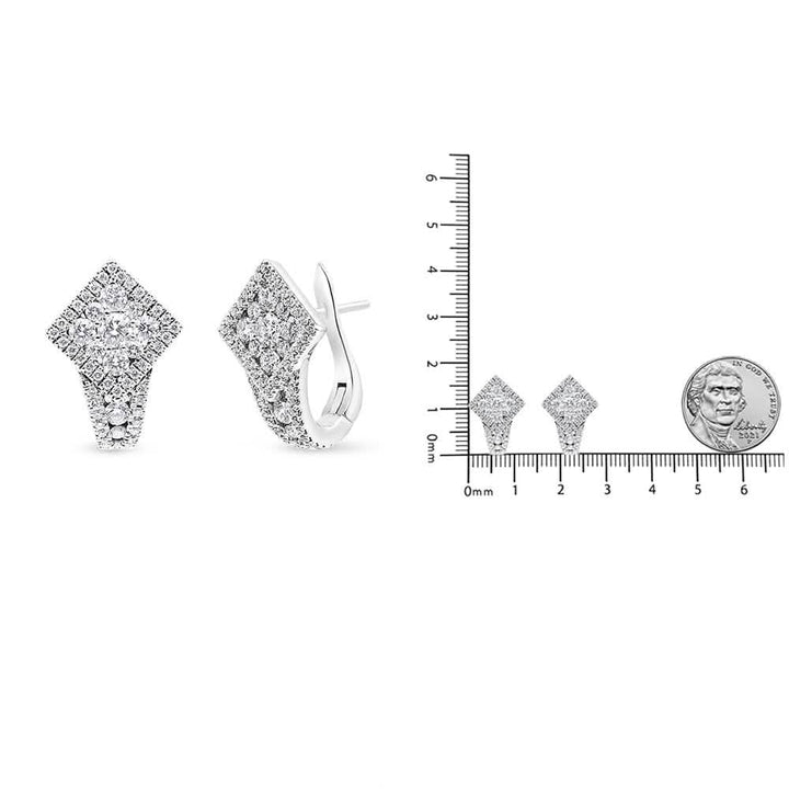 Diamond-Encrusted 18K White Gold Huggie Earrings with Halo Design and 1 1/10 Cttw Clusters Lime Shadow