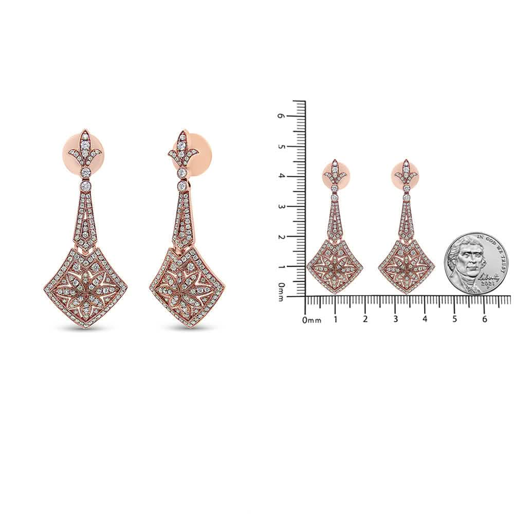 18K Rose Gold Diamond-Studded Fleur De Lis Drop Earrings with Trellis Design Lime Shadow