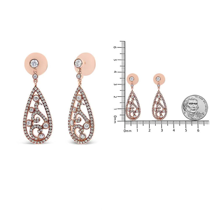 Exquisite 18K Rose Gold Diamond Teardrop Dangle Earrings with 1 1/4 Cttw Sparkle Lime Shadow