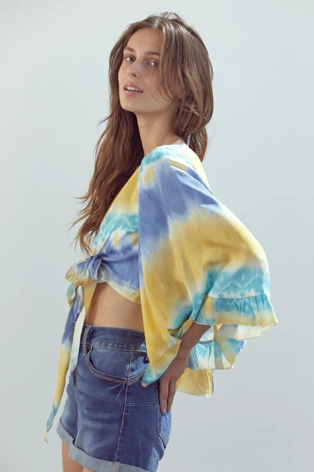 Frilly Sleeve Tie-Dye Cropped Cardigan with Front Knot Indigo Arrowwood