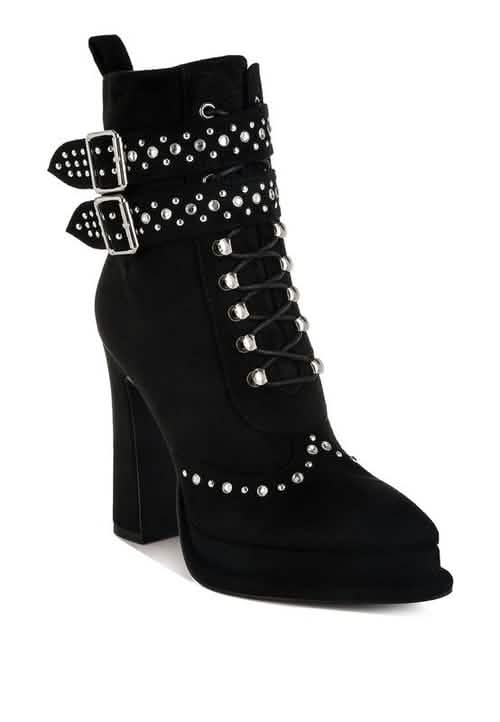 Vintage-Inspired Studded Lace-Up Chunky Heel Booties Coral Vanilla