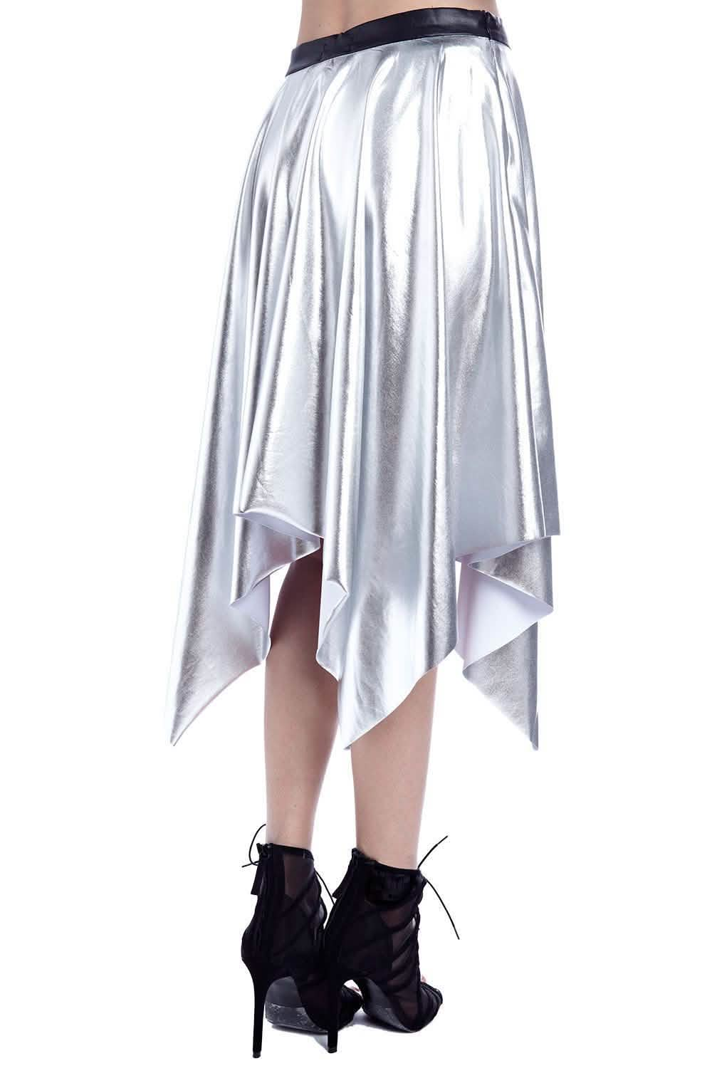 Glistening Silver Pleated Midi Skirt with Chic Leather Waistband Erin Theia