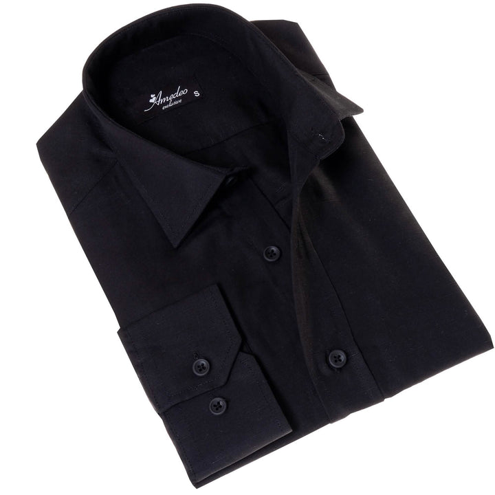 Elegant Black European Linen Button-Up Shirts for Men's Smart Casual Attire Emerald Uranus