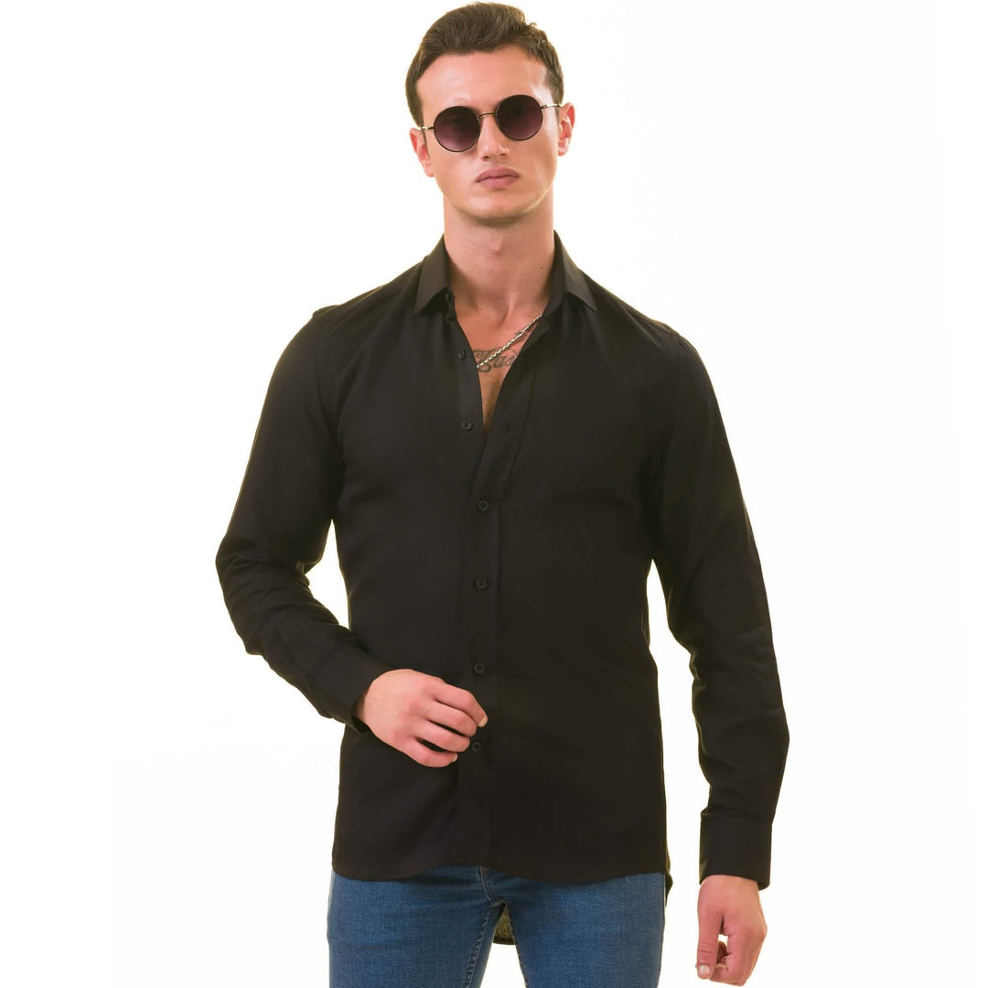 Elegant Black European Linen Button-Up Shirts for Men's Smart Casual Attire Emerald Uranus