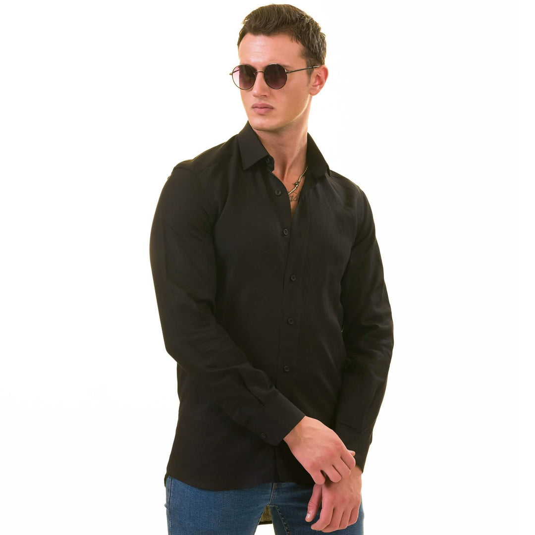 Elegant Black European Linen Button-Up Shirts for Men's Smart Casual Attire Emerald Uranus