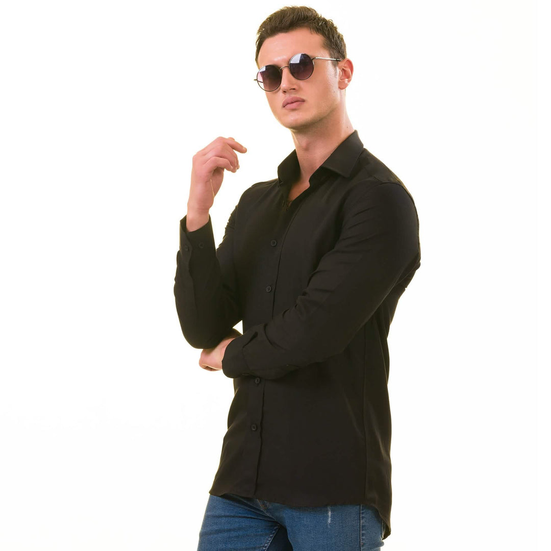 Elegant Black European Linen Button-Up Shirts for Men's Smart Casual Attire Emerald Uranus