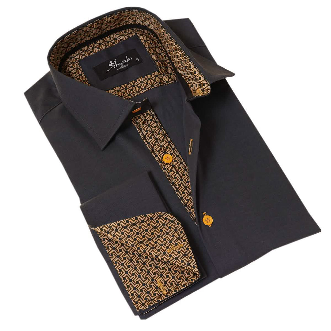 Stylish Black Honeycomb Men's Slim Fit Dress Shirt with French Cuffs Emerald Uranus