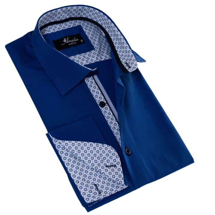 Reversible Cuff Slim Fit Dress Shirt in Elegant Royal Blue and White for Men Emerald Uranus