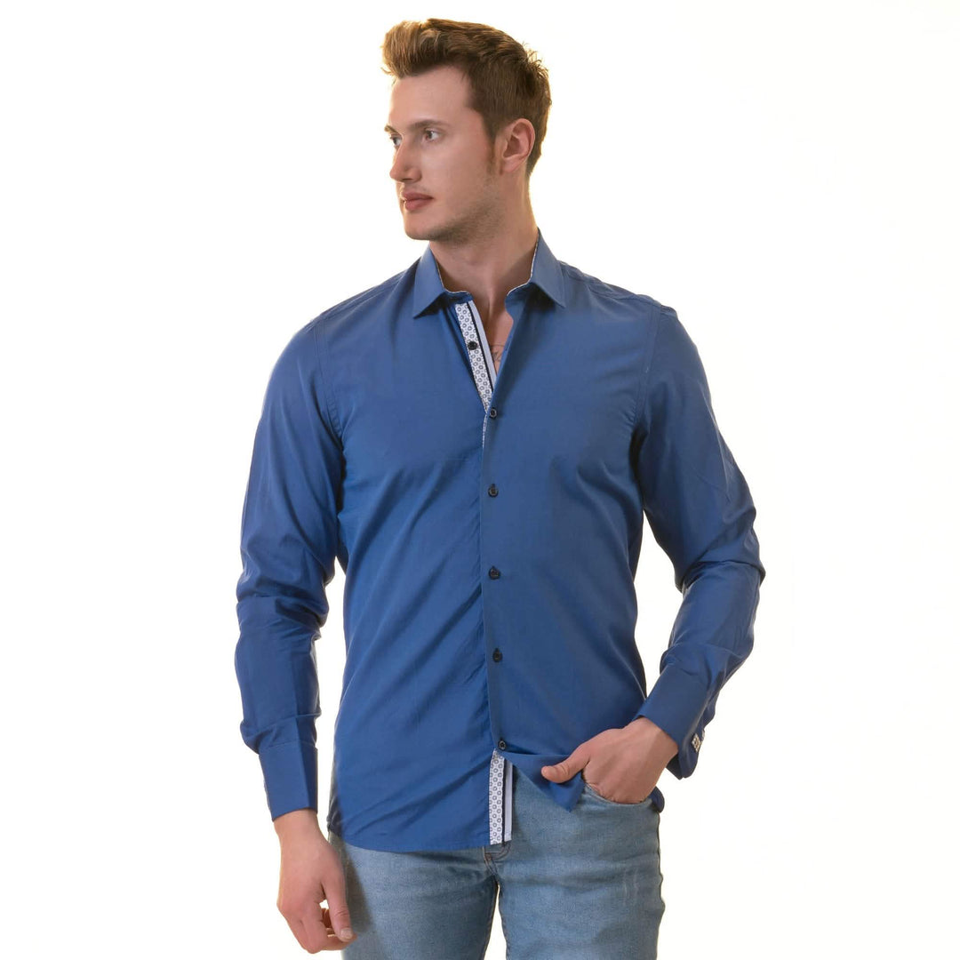 Reversible Cuff Slim Fit Dress Shirt in Elegant Royal Blue and White for Men Emerald Uranus