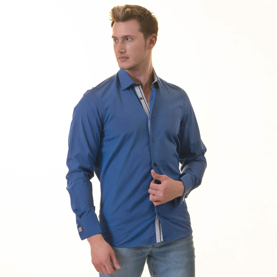 Reversible Cuff Slim Fit Dress Shirt in Elegant Royal Blue and White for Men Emerald Uranus