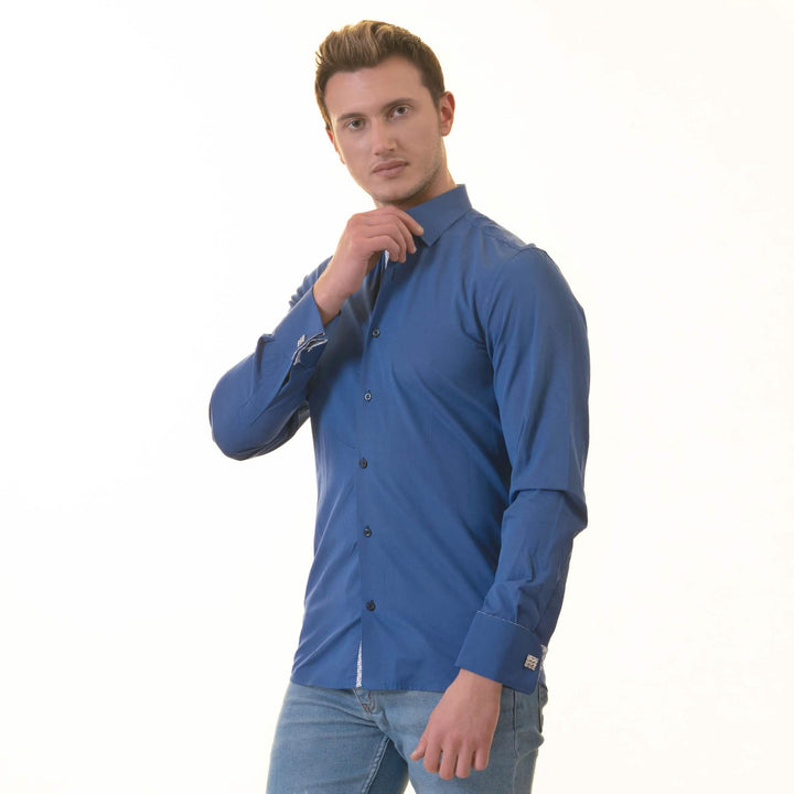 Reversible Cuff Slim Fit Dress Shirt in Elegant Royal Blue and White for Men Emerald Uranus