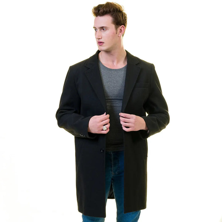 Premium Men's Black Wool Hooded Overcoat - European Tailored Design Emerald Uranus