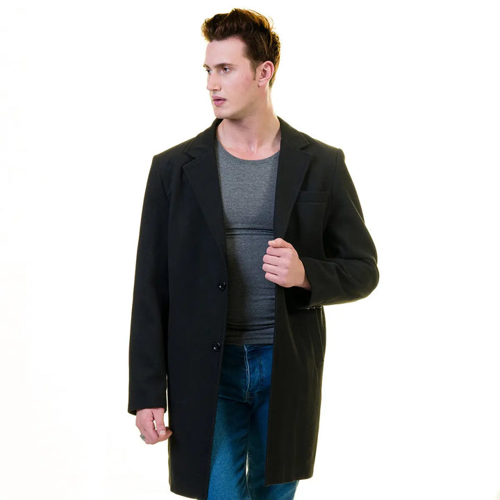 Premium Men's Black Wool Hooded Overcoat - European Tailored Design Emerald Uranus