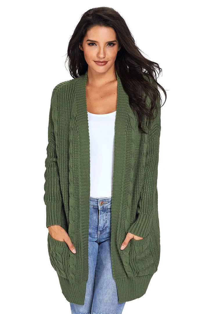 Chic Army Green Knit Long Sleeve Cardigan with Handy Pockets Coral Vanilla