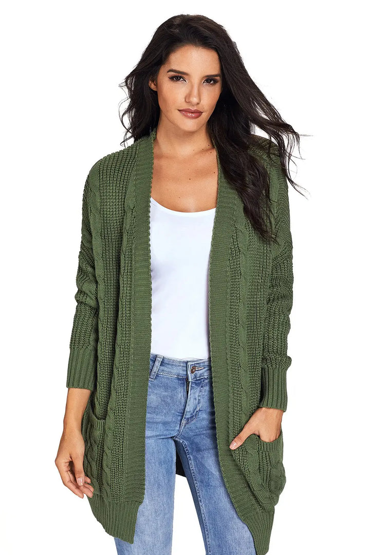 Chic Army Green Knit Long Sleeve Cardigan with Handy Pockets Coral Vanilla