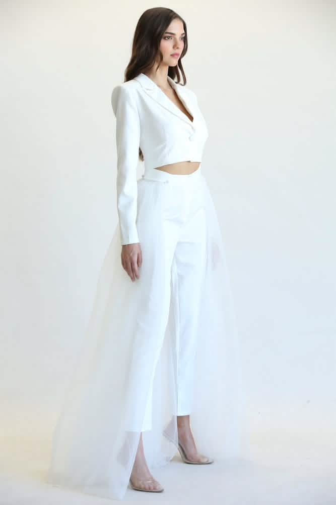 Chic Juliet Blazer, Pants, and Tulle Skirt Ensemble White Amphitryon