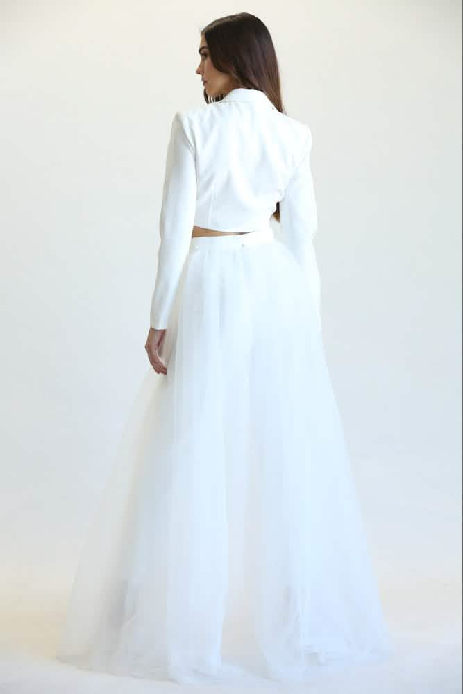 Chic Juliet Blazer, Pants, and Tulle Skirt Ensemble White Amphitryon