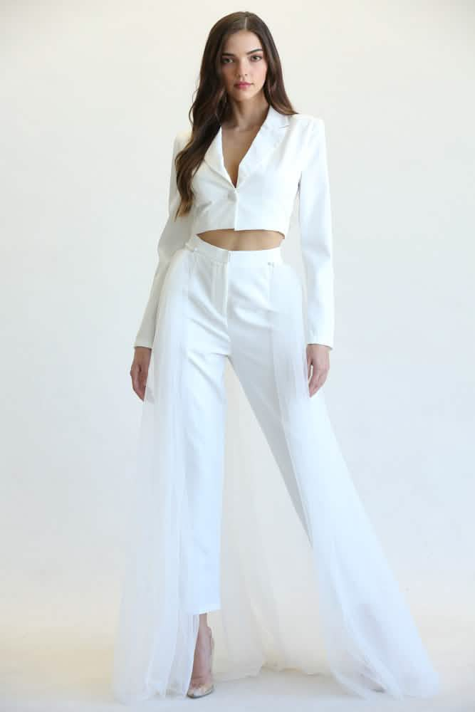 Chic Juliet Blazer, Pants, and Tulle Skirt Ensemble White Amphitryon