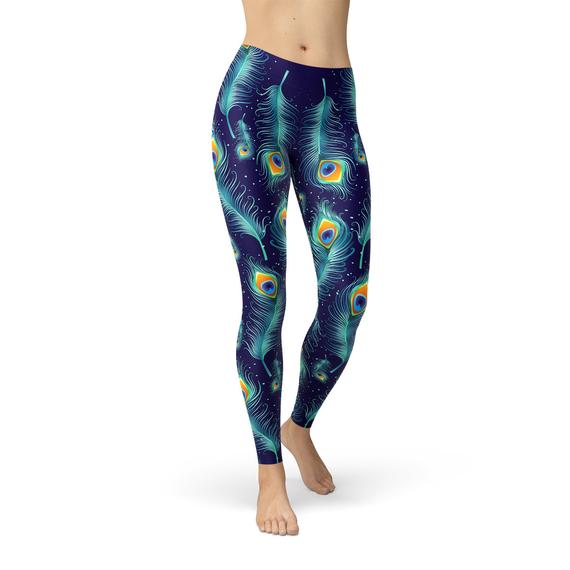 Blue Peacock Feathers Leggings - Capri Clothes