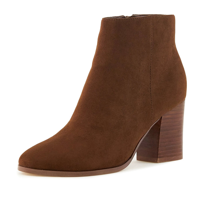 Chic Brown Almond Toe Stacked Heel Booties for Women Pear Aeneas