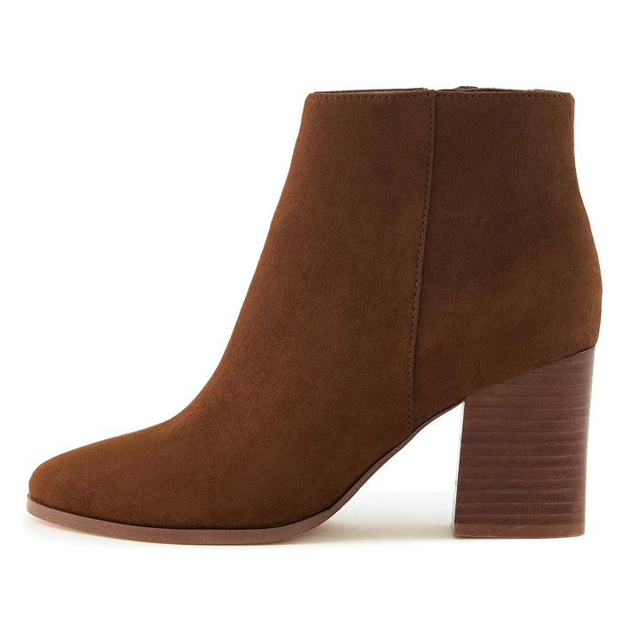 Chic Brown Almond Toe Stacked Heel Booties for Women Pear Aeneas