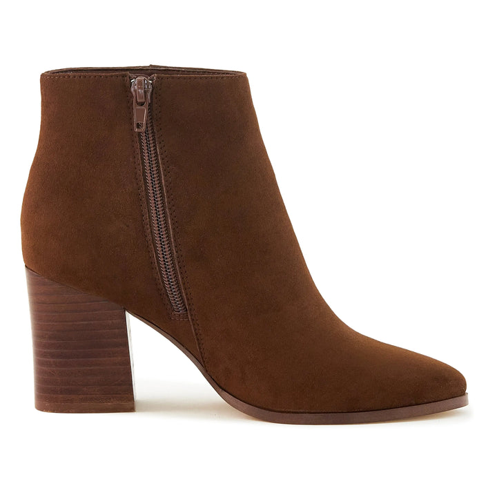 Chic Brown Almond Toe Stacked Heel Booties for Women Pear Aeneas