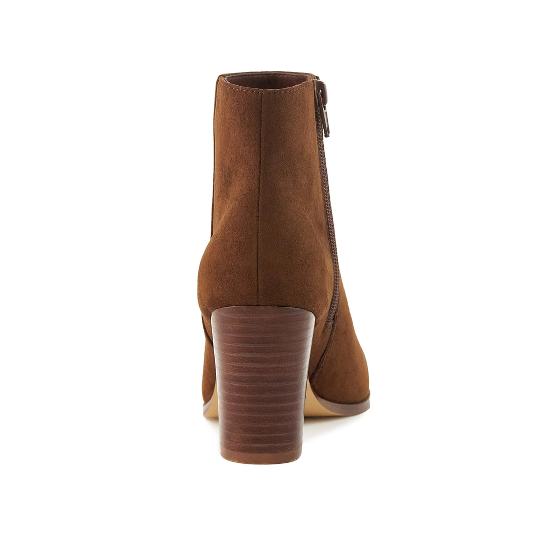 Chic Brown Almond Toe Stacked Heel Booties for Women Pear Aeneas