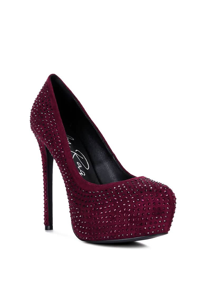 Elegant Faux Suede High Heeled Pumps with Diamante Embellishments Ruby Smudge