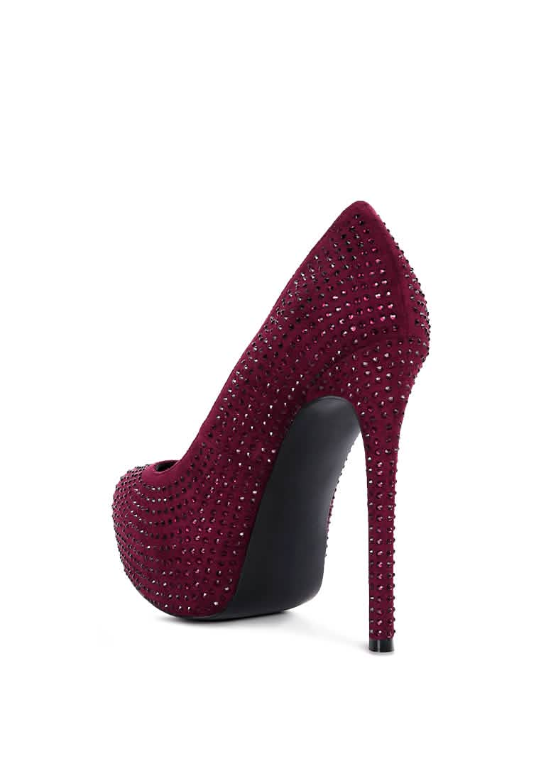 Elegant Faux Suede High Heeled Pumps with Diamante Embellishments Ruby Smudge