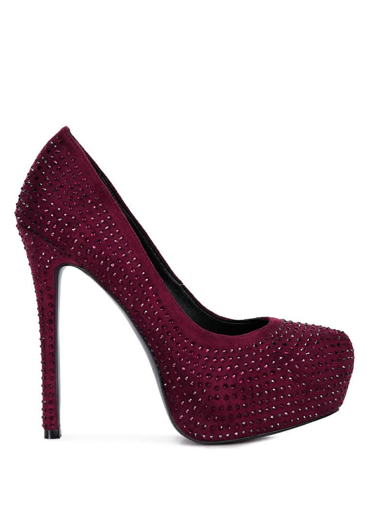 Elegant Faux Suede High Heeled Pumps with Diamante Embellishments Ruby Smudge