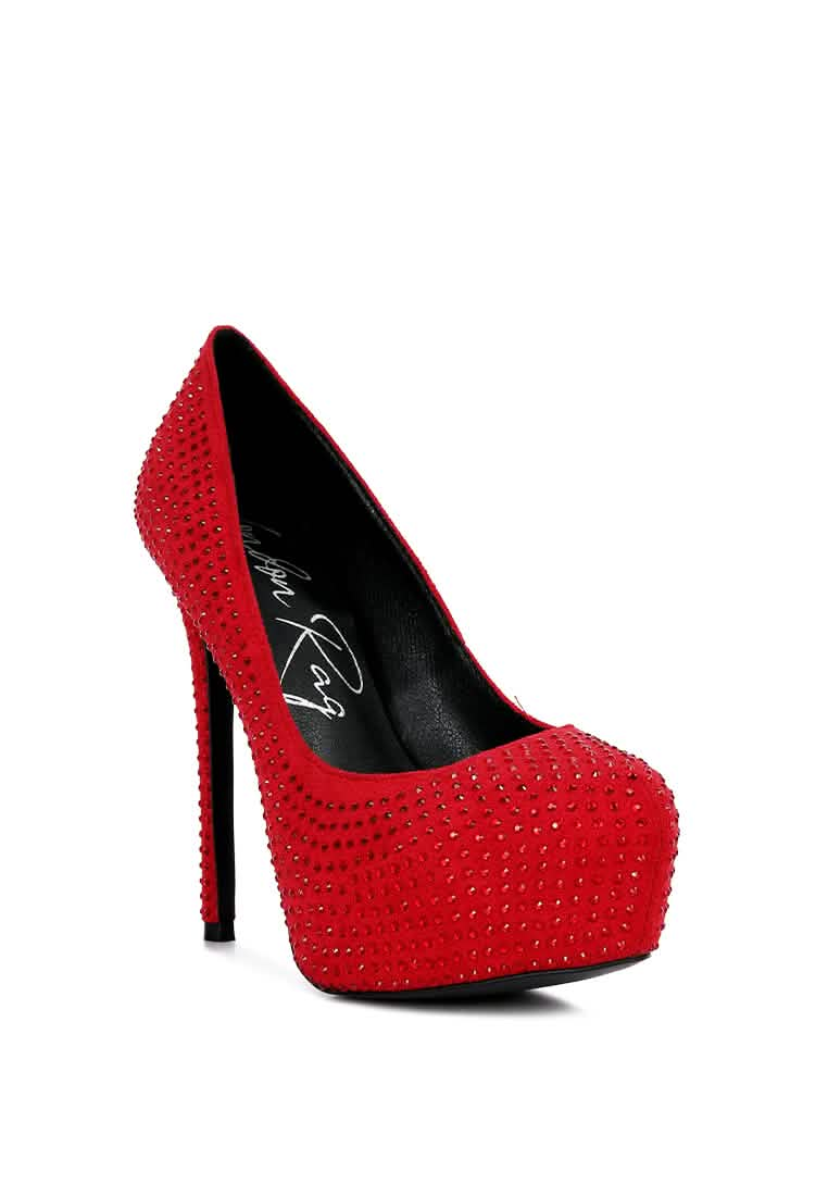 Elegant Faux Suede High Heeled Pumps with Diamante Embellishments Ruby Smudge