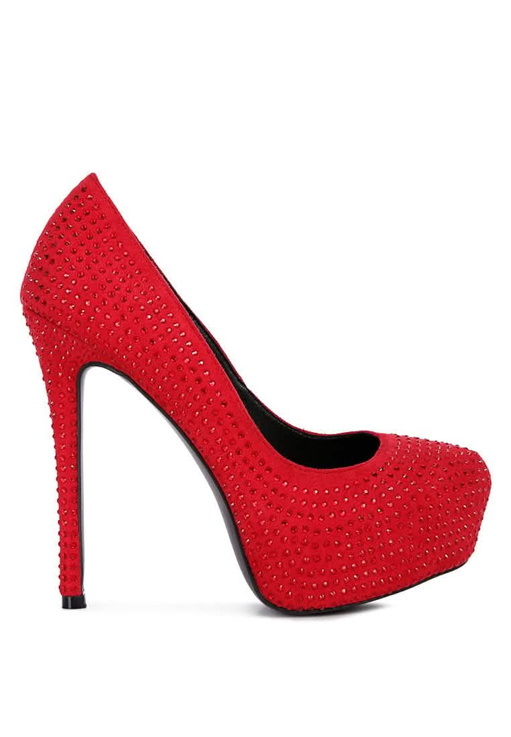 Elegant Faux Suede High Heeled Pumps with Diamante Embellishments Ruby Smudge