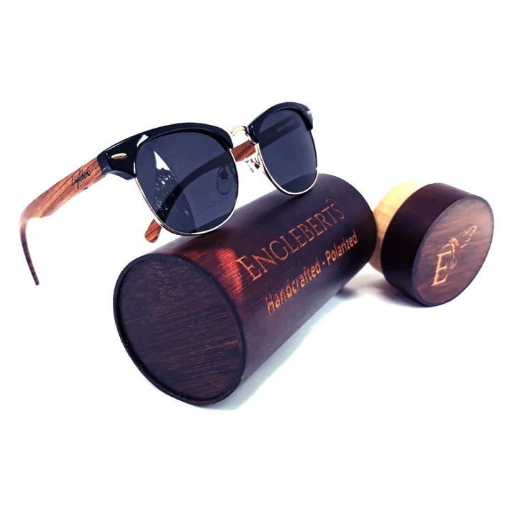 Real Walnut Wood Club Style Sunglasses With Bamboo Case, Polarized Purple Ariadne