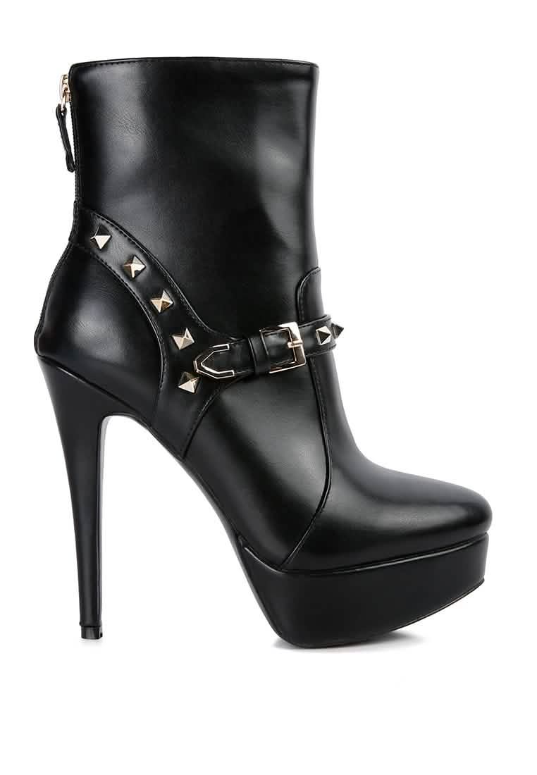 Edgy Studded Faux Leather Stiletto Ankle Booties with Chic Belt Accent Ruby Smudge