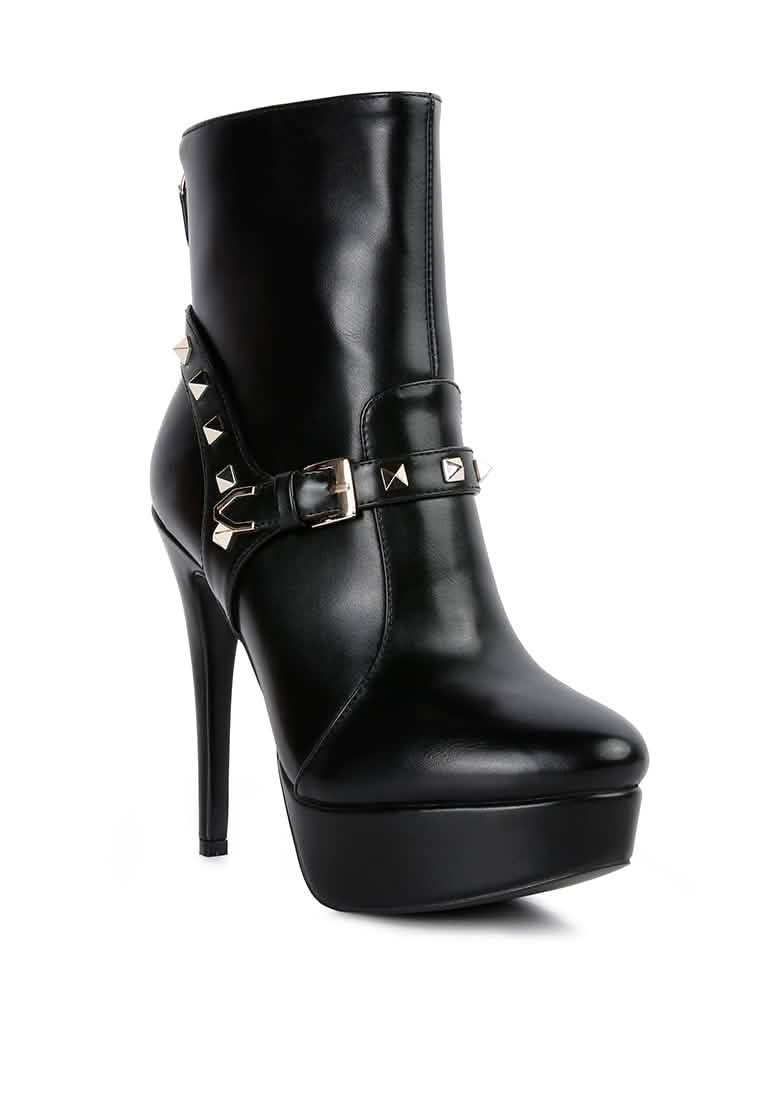 Edgy Studded Faux Leather Stiletto Ankle Booties with Chic Belt Accent Ruby Smudge