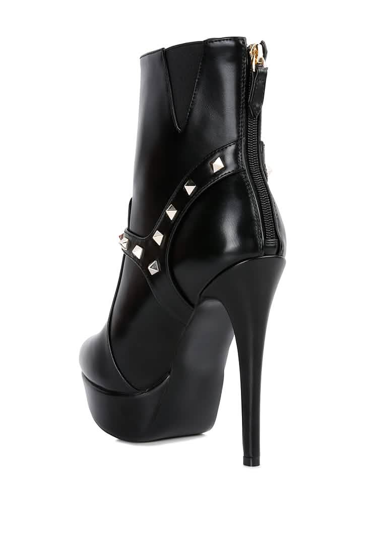 Edgy Studded Faux Leather Stiletto Ankle Booties with Chic Belt Accent Ruby Smudge