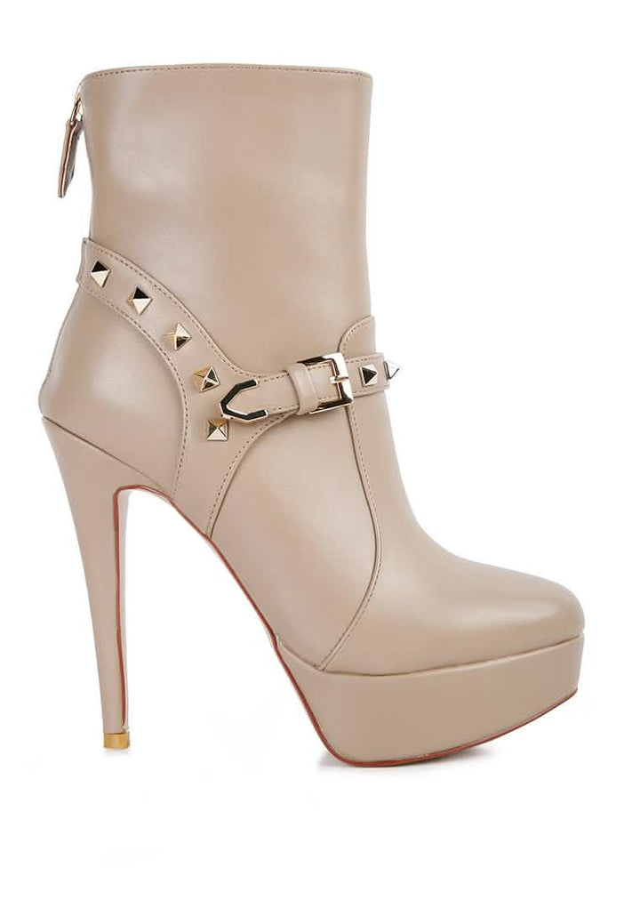 Edgy Studded Faux Leather Stiletto Ankle Booties with Chic Belt Accent Ruby Smudge