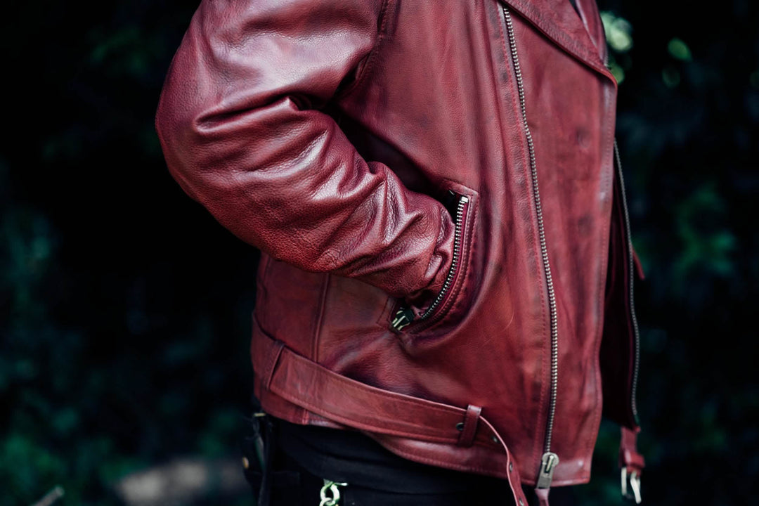 Fillmore - Burgundy Leather Motorcycle Jacket for Men Orange Pontus