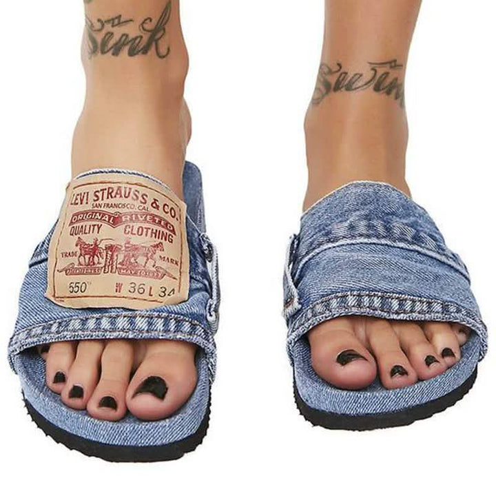 Denim Women's Cool Round Head Flat Slides Blue/Black Silver Juneberry