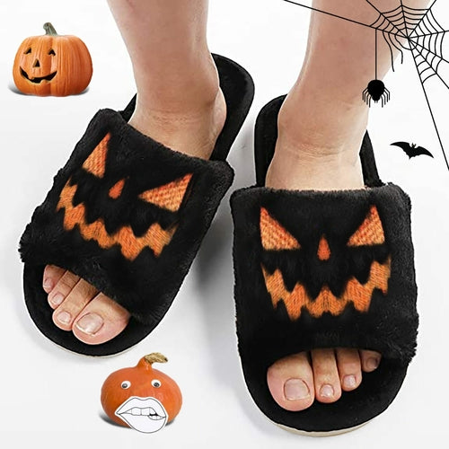 Halloween Pumpkin Fuzzy Slippers Soft Plush Cozy Open Toe Women Slides Silver Juneberry