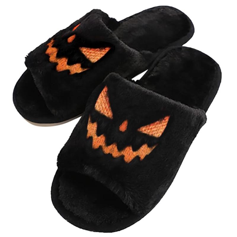 Halloween Pumpkin Fuzzy Slippers Soft Plush Cozy Open Toe Women Slides Silver Juneberry