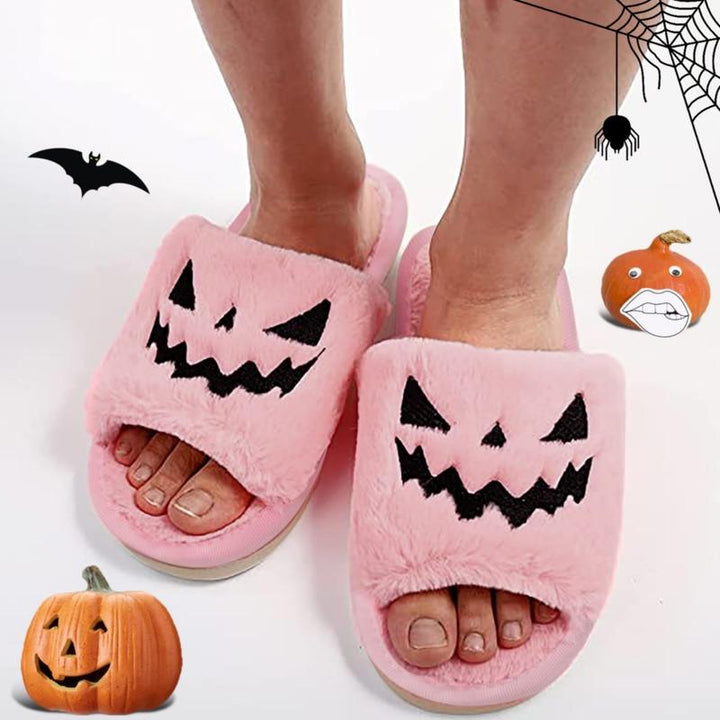 Halloween Pumpkin Fuzzy Slippers Soft Plush Cozy Open Toe Women Slides Silver Juneberry