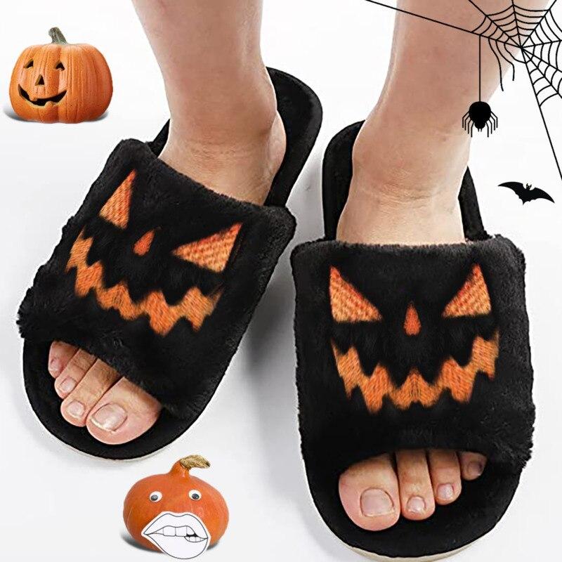 Halloween Pumpkin Fuzzy Slippers Soft Plush Cozy Open Toe Women Slides Silver Juneberry