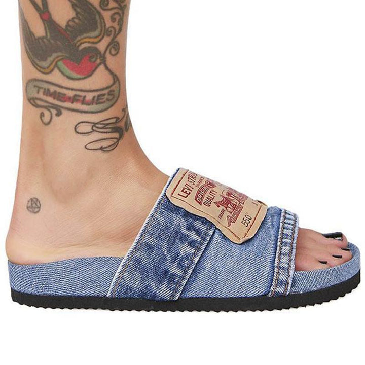 Denim Women's Cool Round Head Flat Slides Blue/Black Silver Juneberry