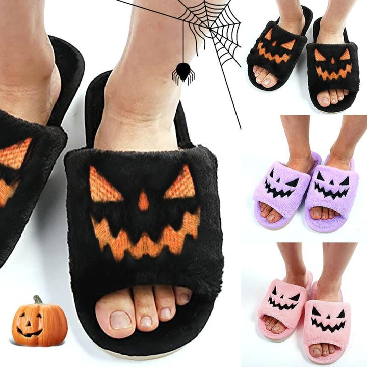 Halloween Pumpkin Fuzzy Slippers Soft Plush Cozy Open Toe Women Slides Silver Juneberry