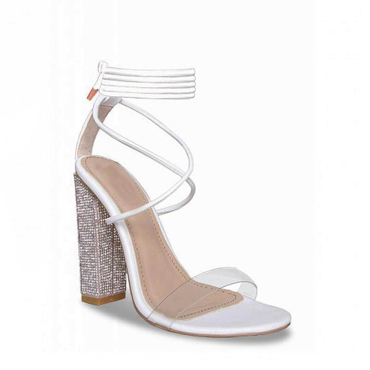 White Transparent Belt Thick-heeled High-heeled Sandals with Open-toed Silver Juneberry