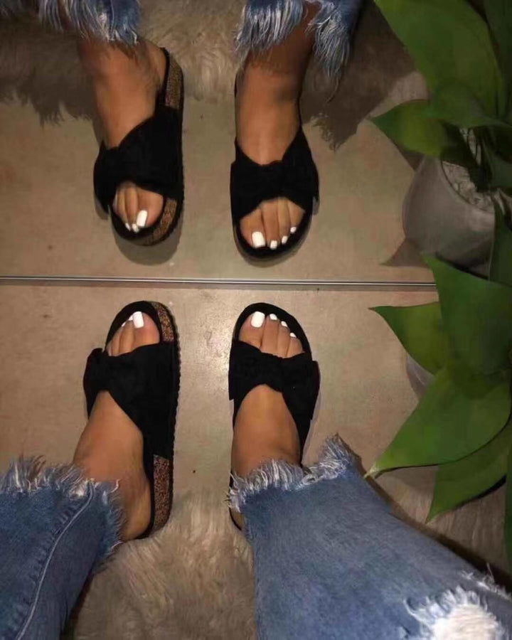 Women Slides 1 Straps Comfy Bow Slide Sandals Black Silver Juneberry